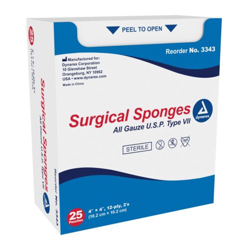Surgical Gauze Sponge Sterile 4"x4",12-ply 2's, 25 pouches/pack